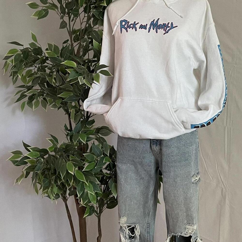 Rick and Morty Hoodie | White Adult Swim Graphic Sweatshirt (Size M)